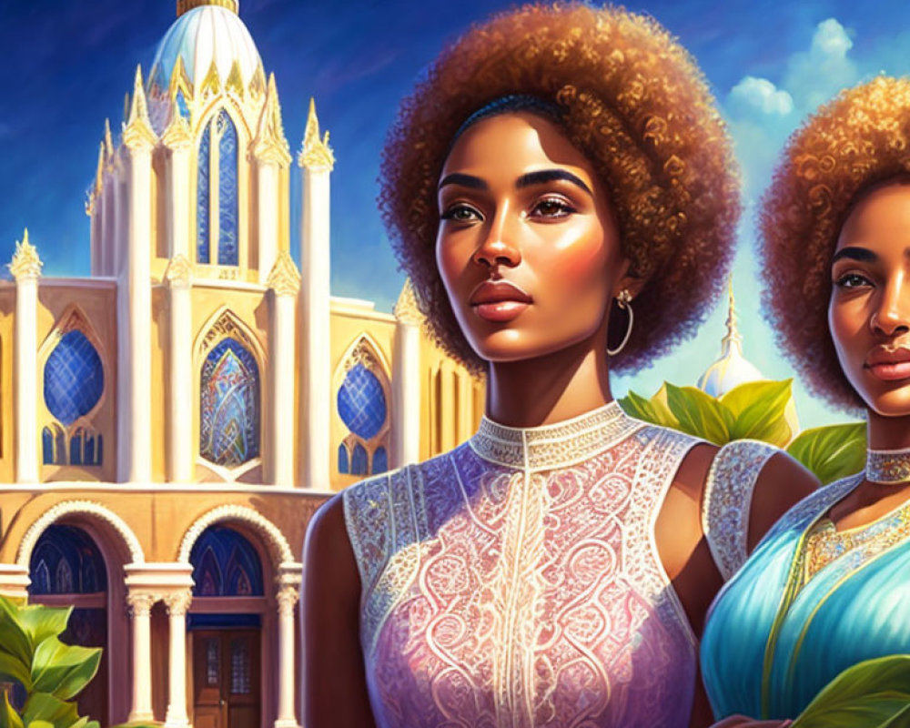 Women with afros in elegant dresses pose in front of fantasy cathedral
