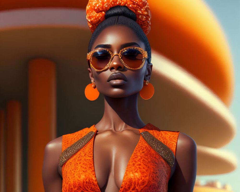 3D illustration of woman with high orange bun, sunglasses, earrings, textured dress on abstract orange backdrop