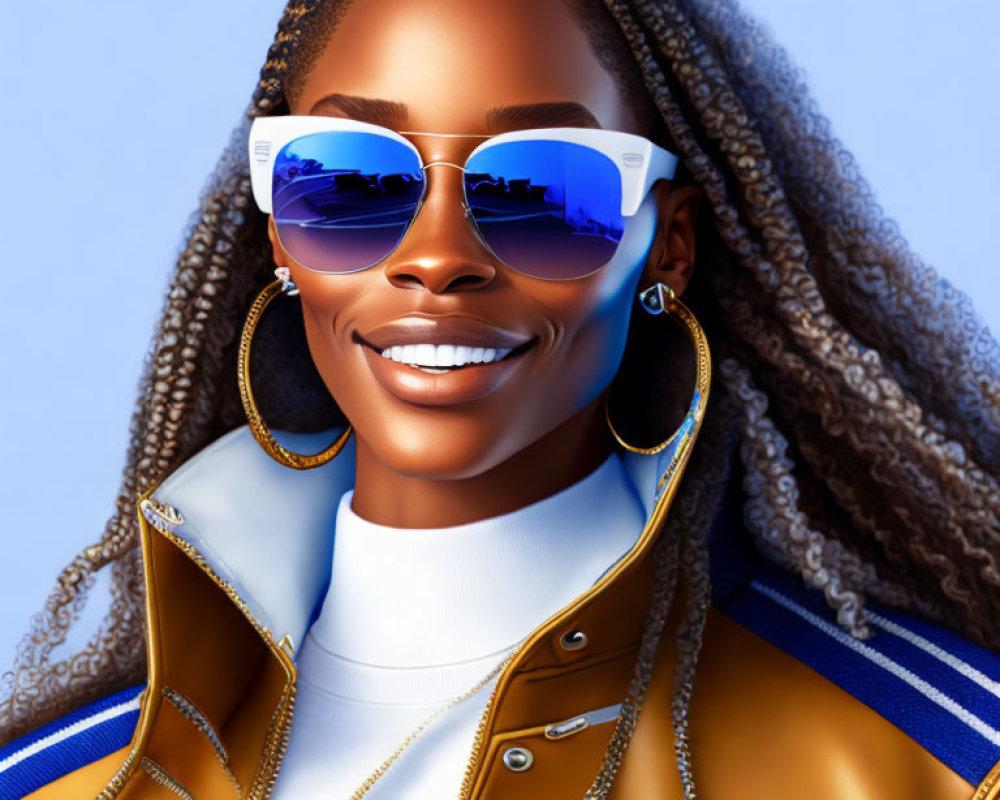 Stylized digital portrait of smiling woman with braided hair in sunglasses