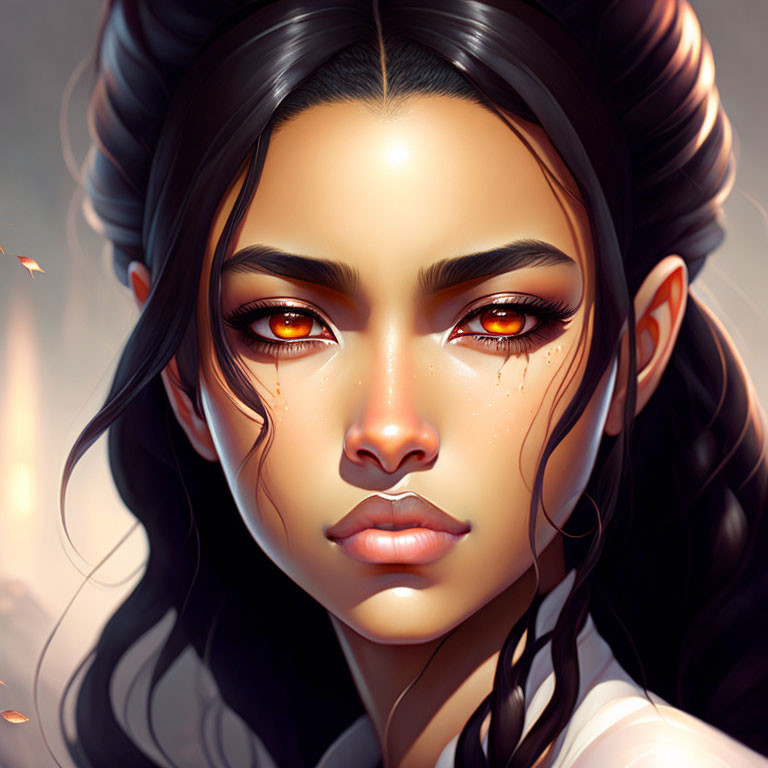 Fantasy character digital art: pointed ears, amber eyes, freckles, dark hair.