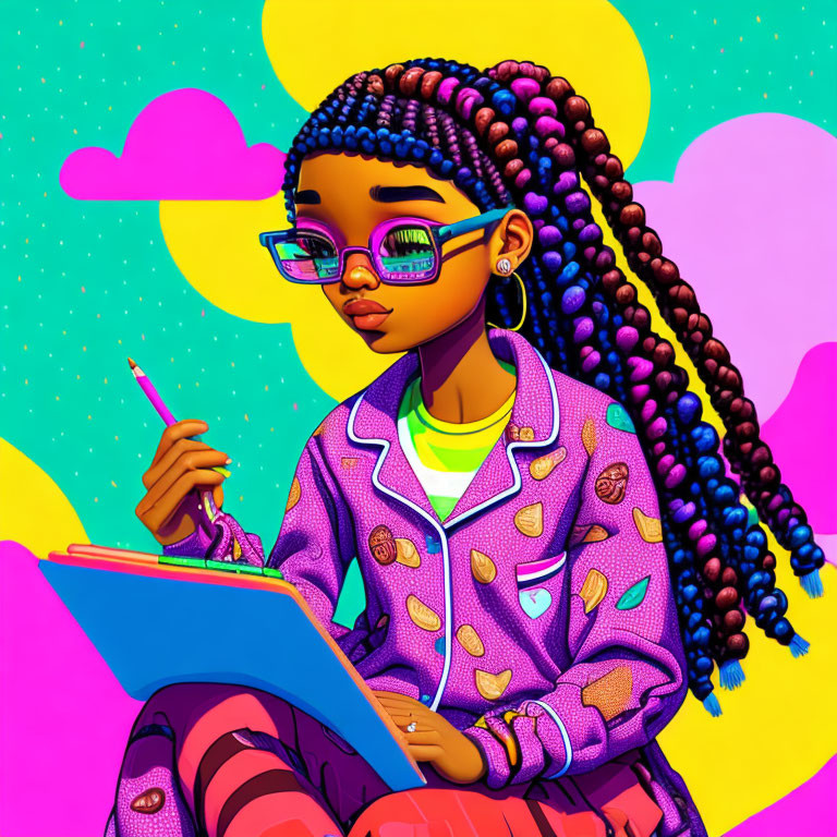 Colorful illustration: girl with braided hair, glasses, writing in notebook, against vibrant background.