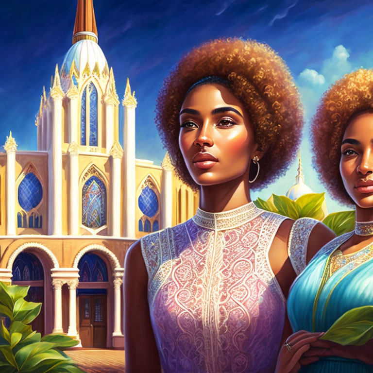 Women with afros in elegant dresses pose in front of fantasy cathedral