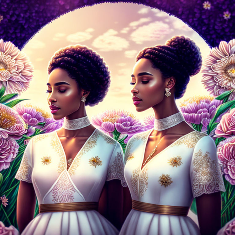 Digital Artwork: Two Women in White Dresses with Gold Details and Stylized Hair Amid Purple Flowers