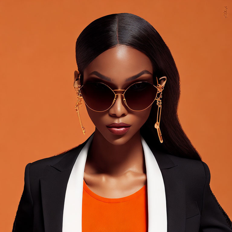 Stylish woman in sunglasses, black blazer, orange top on orange backdrop