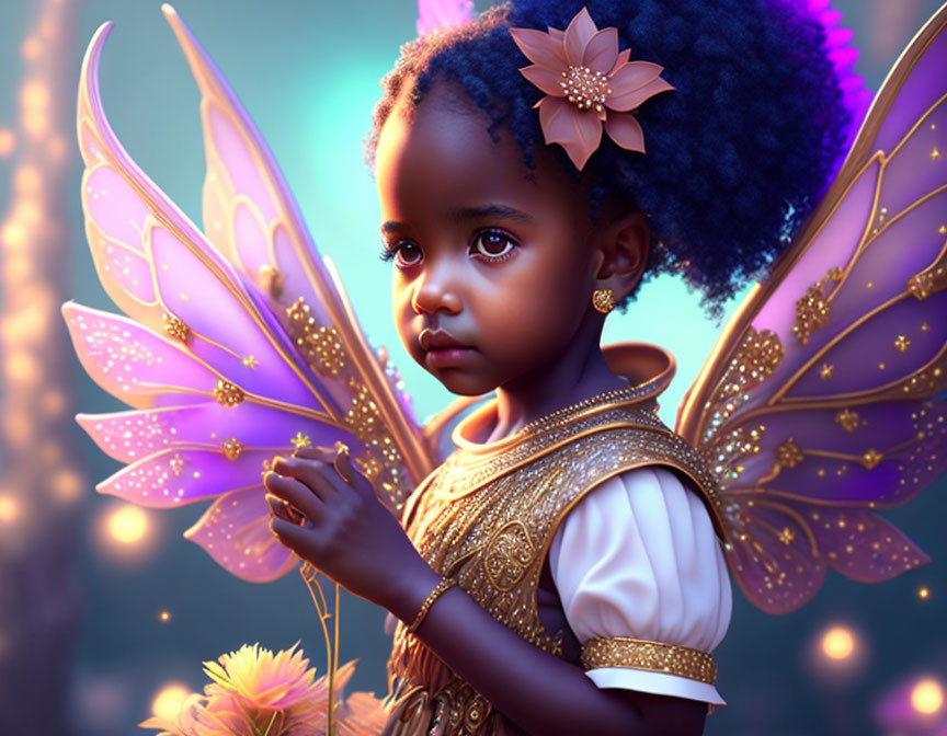 Young girl with butterfly wings in golden dress surrounded by flowers and ethereal lighting