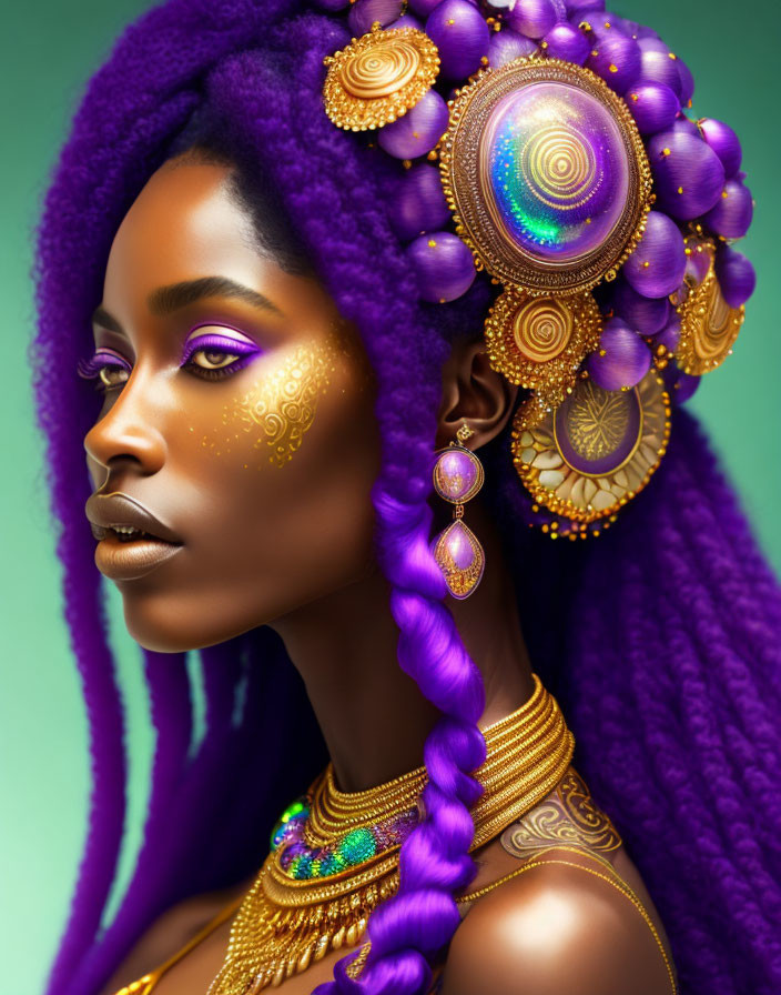 Woman with Purple Braided Hair and Golden Jewelry on Teal Background