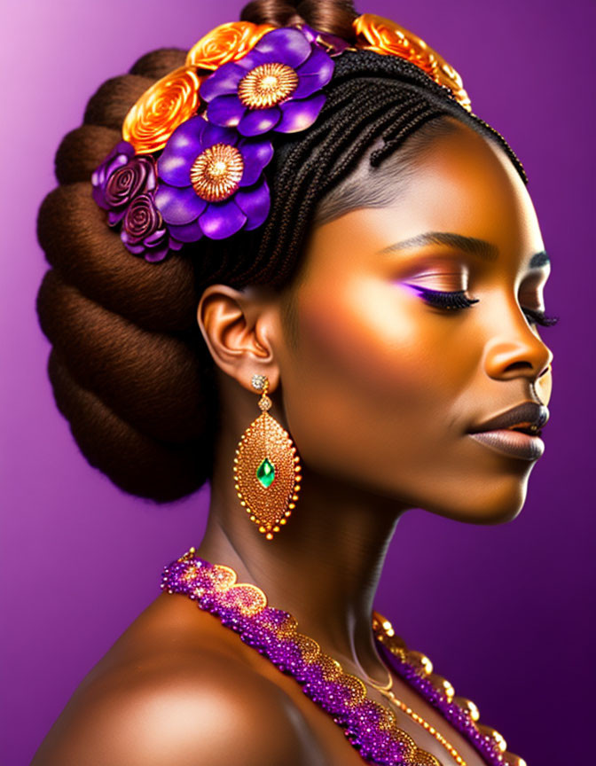 Woman with Intricate Hairstyle and Floral Adornments in Purple and Orange, Wearing Gold Jewelry