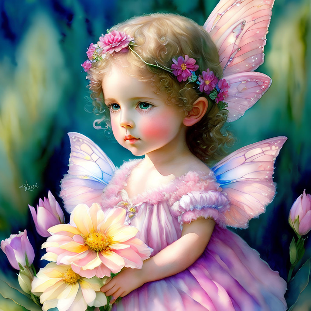 Digital painting of young girl with iridescent fairy wings in pink dress and flower crown among yellow flowers