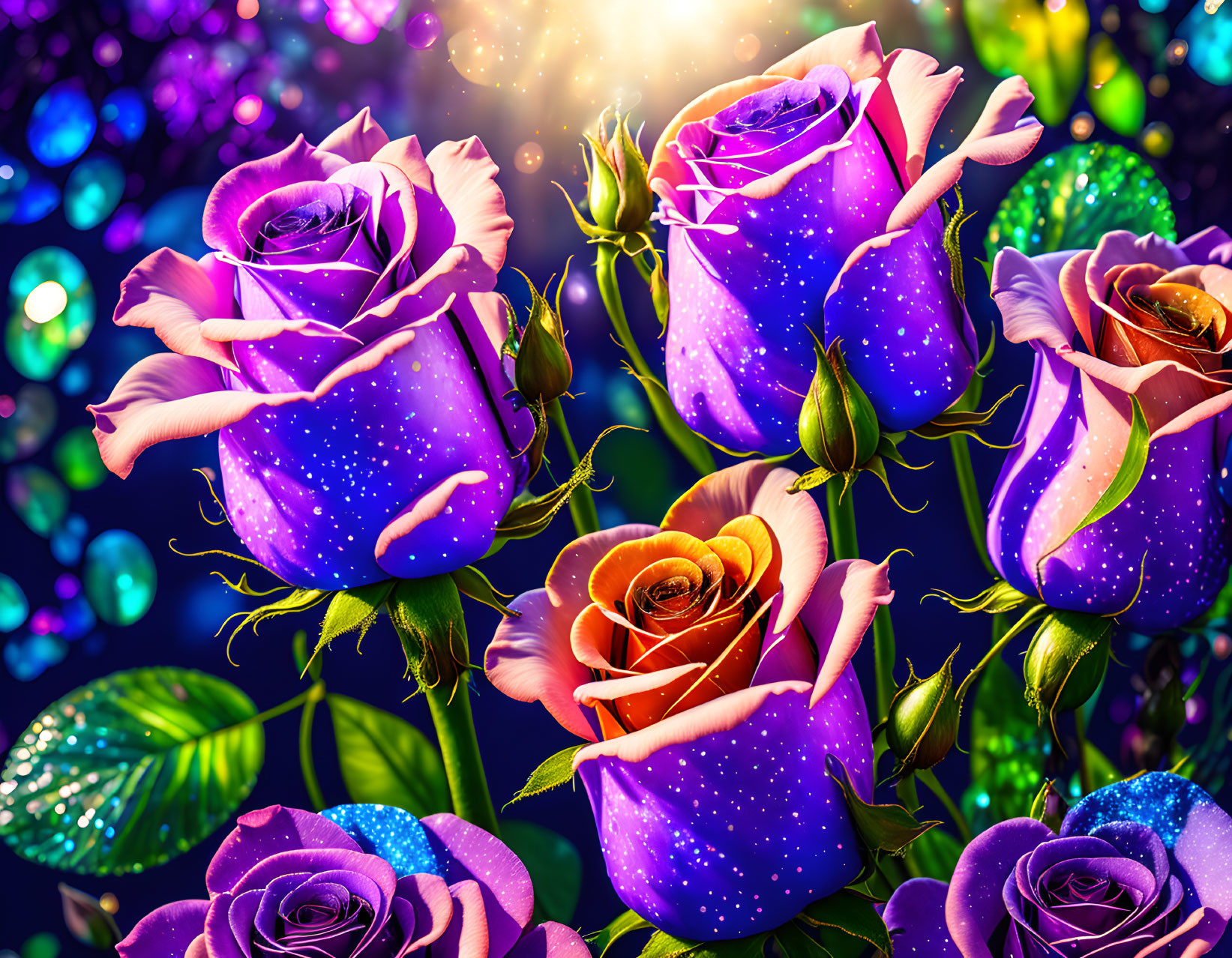 Colorful digital artwork featuring cosmic roses on bokeh background