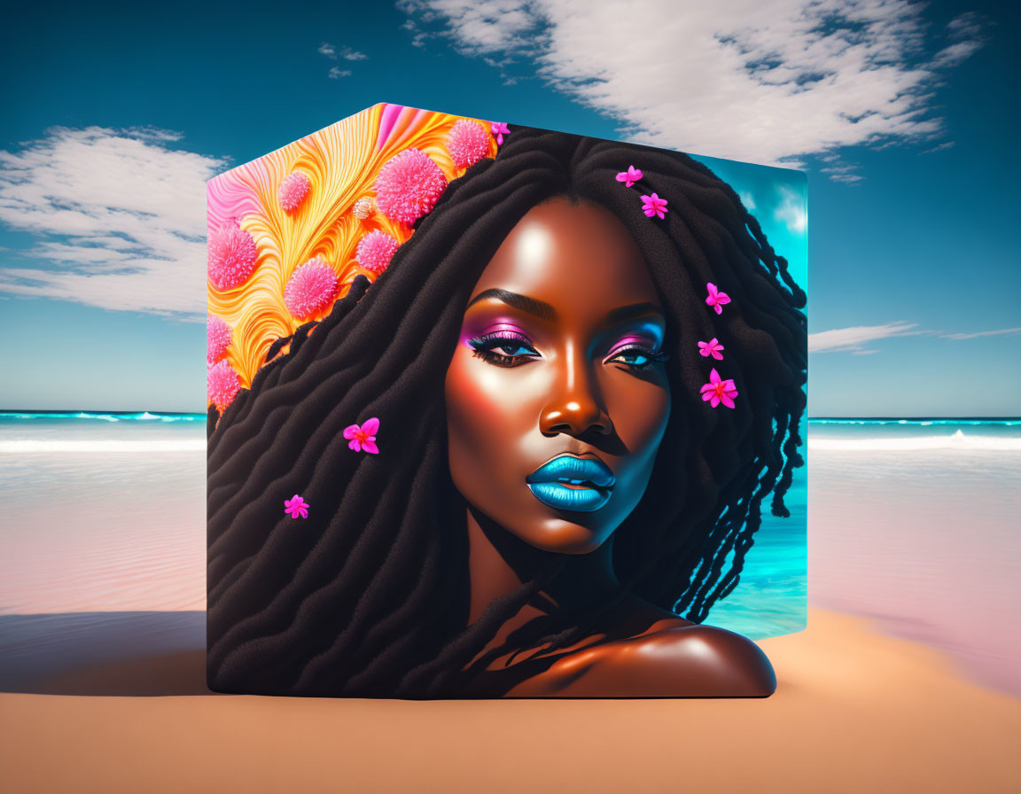 Colorful 3D Artwork of Dark-Skinned Woman with Purple Makeup and Pink Flowers on