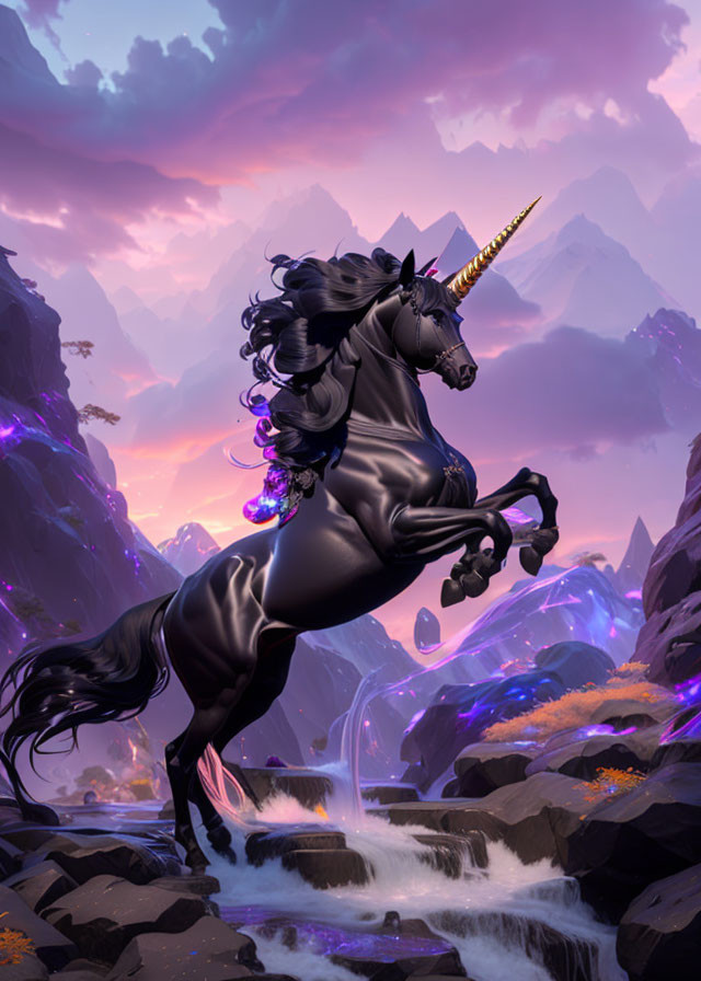 Majestic black unicorn with golden horn in fantasy landscape