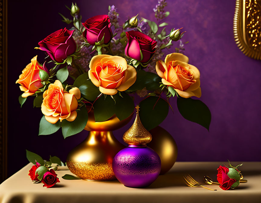Vivid Orange and Red Roses in Golden Vase with Purple Bauble on Purple Backdrop