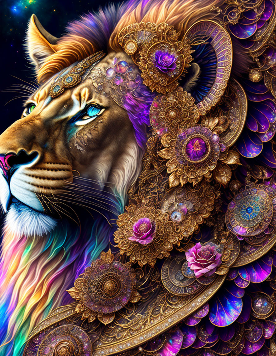 Colorful Lion Illustration with Golden Ornaments and Cosmic Background