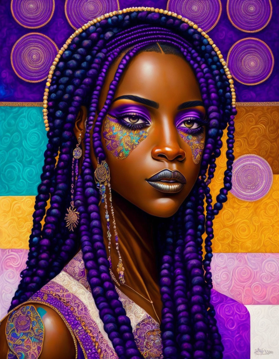 Colorful portrait of woman with purple braids and vibrant makeup against ornate background