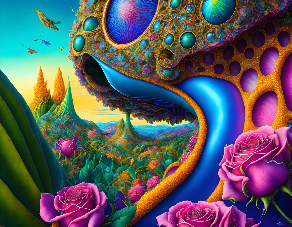 Colorful surreal landscape with peacock, rivers, hills, roses under fantastical sky