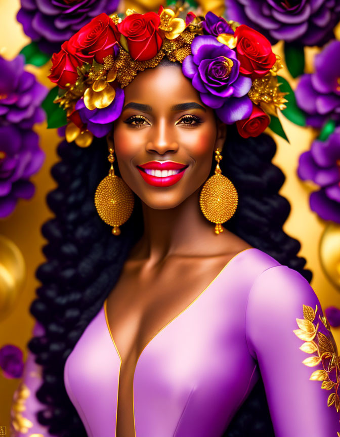 Colorful Floral Headpiece Woman in Gold and Purple Dress Portrait
