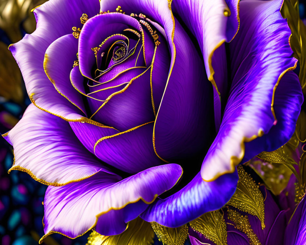 Vibrant purple rose with golden edges on dark background