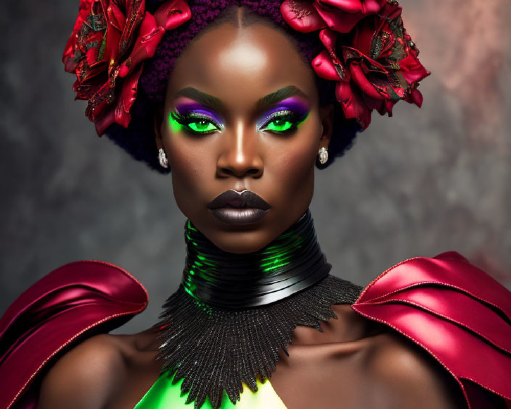 Colorful makeup and rose headpiece on woman in glossy dress against textured backdrop