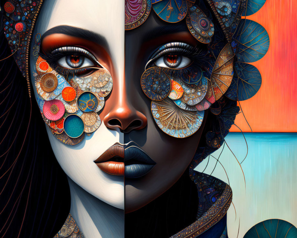 Colorful digital artwork of woman with patterned face in warm and cool tones.