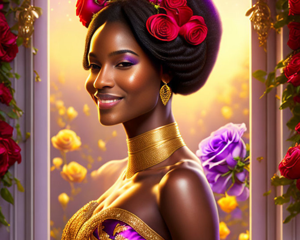 Smiling woman with floral hairstyle and golden choker in purple dress surrounded by roses