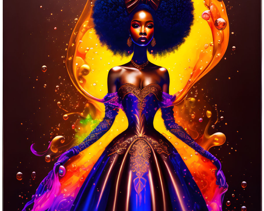 Vibrant Afro Woman in Regal Purple Dress with Amber Background