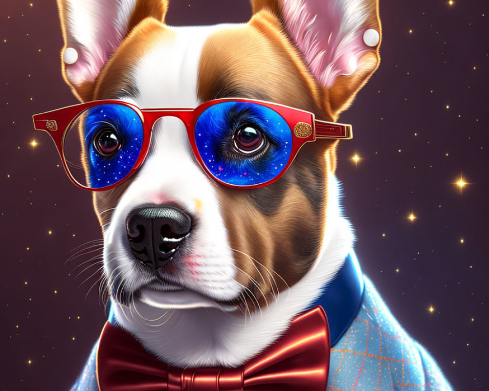 Illustration of dog in suit, bow tie, glasses with cosmic pattern