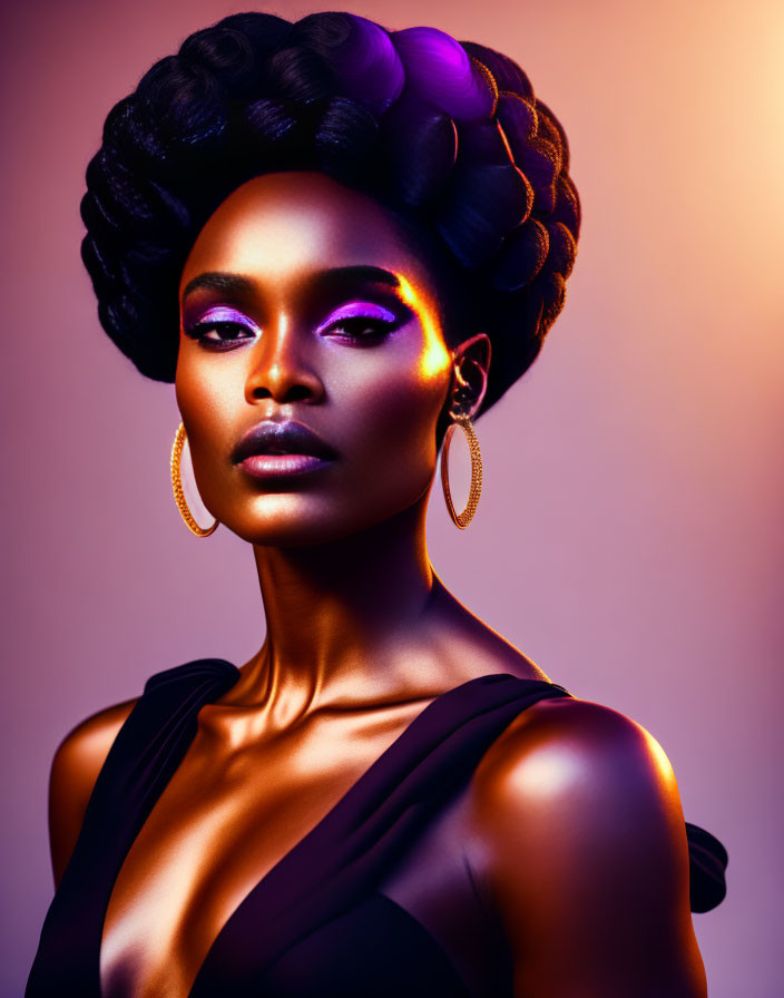 Elaborate updo hairstyle and hoop earrings on woman in dark dress under purple and orange lighting