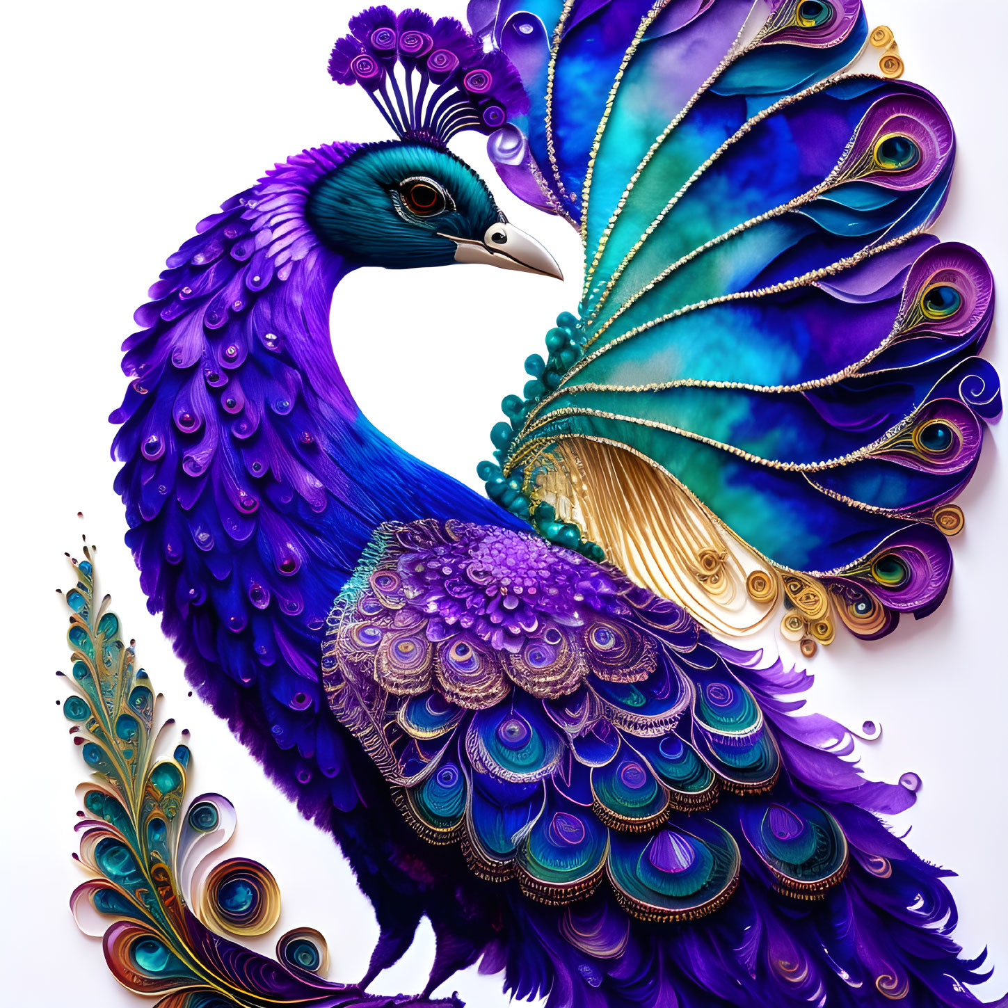 Colorful Peacock Illustration with Elaborate Blue, Purple, and Gold Plumage