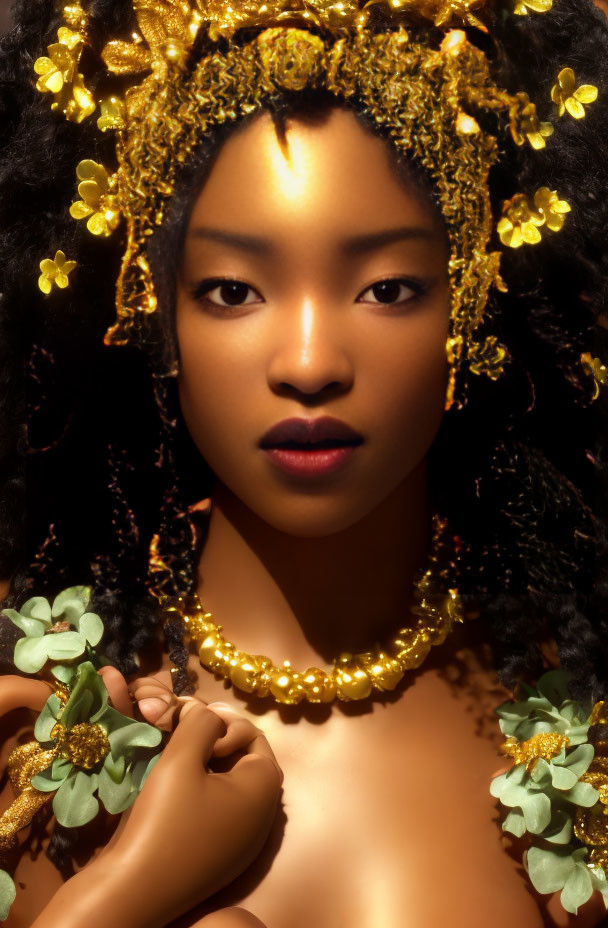 Portrait of Woman with Golden Jewelry and Flower Adorned Hair on Dark Background