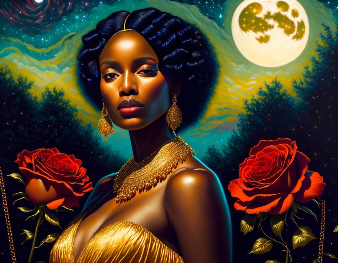 Portrait of Woman with Night Sky, Full Moon, Red Roses, and Gold Jewelry