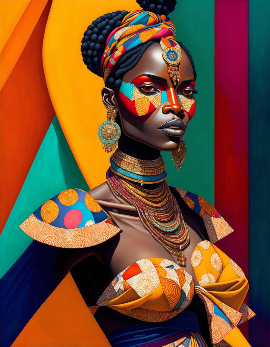 Colorful Digital Artwork of Woman in African-Inspired Attire