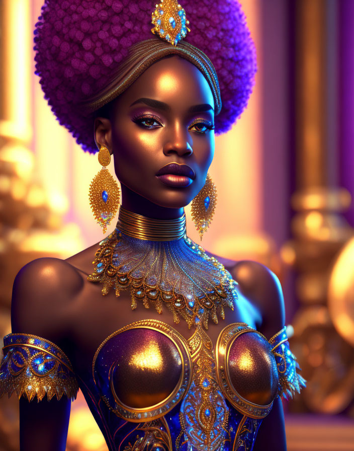 Digital artwork of dark-skinned woman in golden armor against purple backdrop