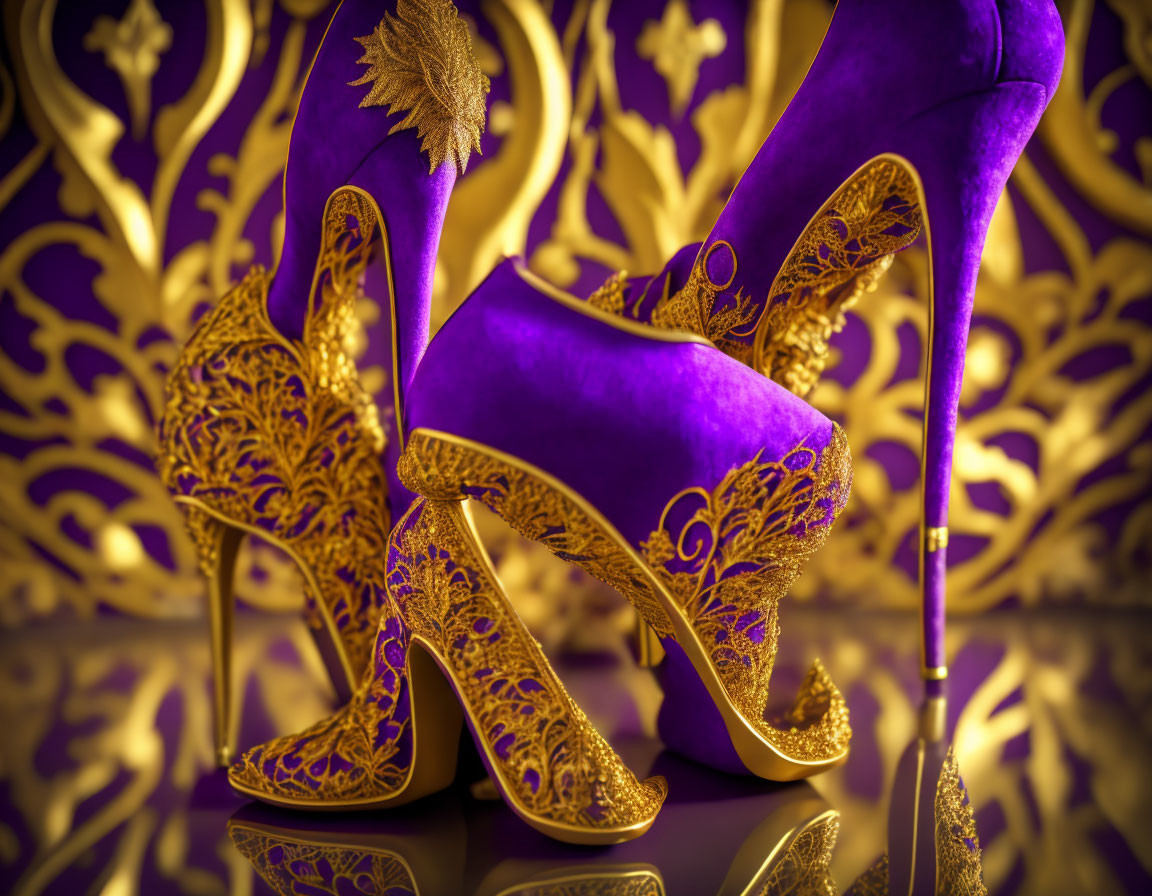 Purple High-Heeled Shoes with Golden Ornamental Patterns on Luxurious Gold Background