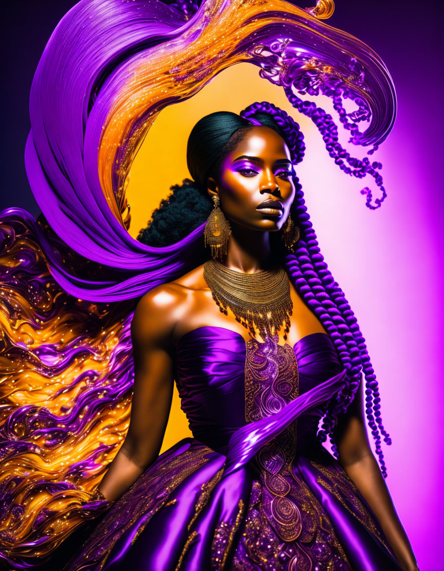 Striking makeup and elegant purple dress on woman with flowing golden liquid hair