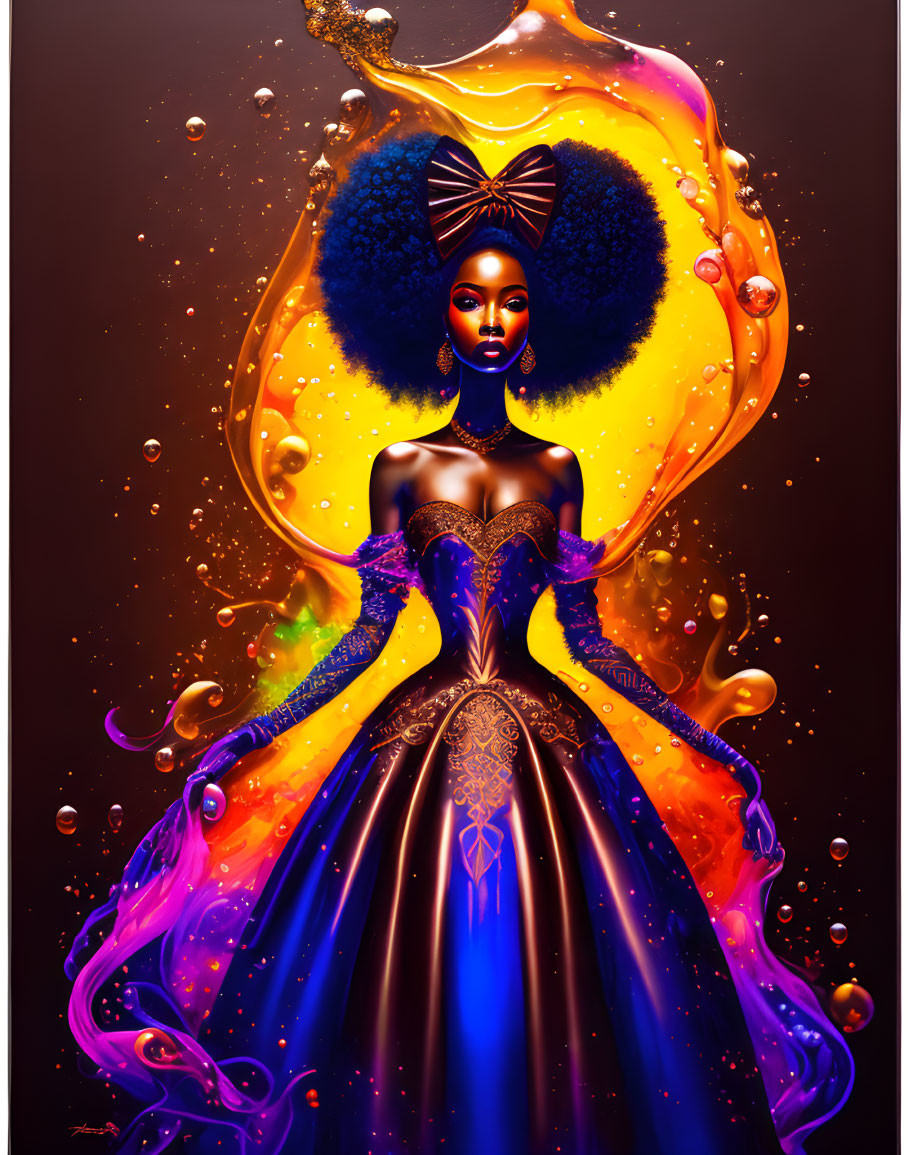 Vibrant Afro Woman in Regal Purple Dress with Amber Background