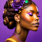 Woman with Intricate Hairstyle and Floral Adornments in Purple and Orange, Wearing Gold Jewelry