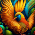 Colorful digital artwork featuring stylized bird with golden patterns
