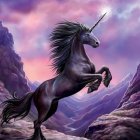 Black unicorn with golden horn in swirling ethereal flames under violet sky