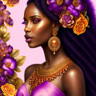 Woman in Golden Jewelry, Purple Headwrap, and Magenta Dress on Floral Background