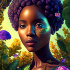 Vibrant digital portrait of a woman with purple braids and striking eyes surrounded by tropical foliage