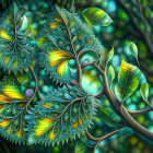 Colorful Mandala Flower Artwork with Teal Leaves on Dark Background