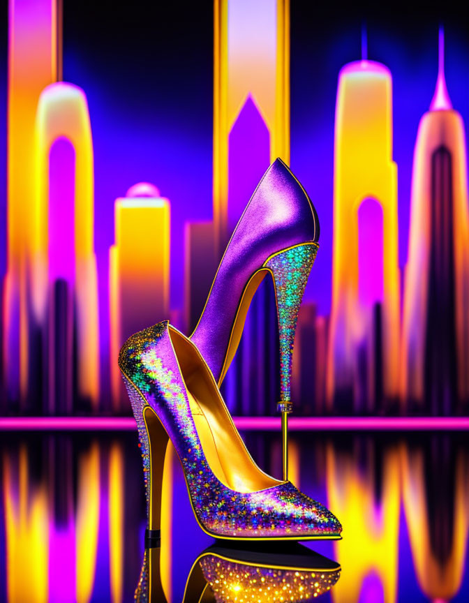Sparkling high-heeled shoes against cityscape backdrop