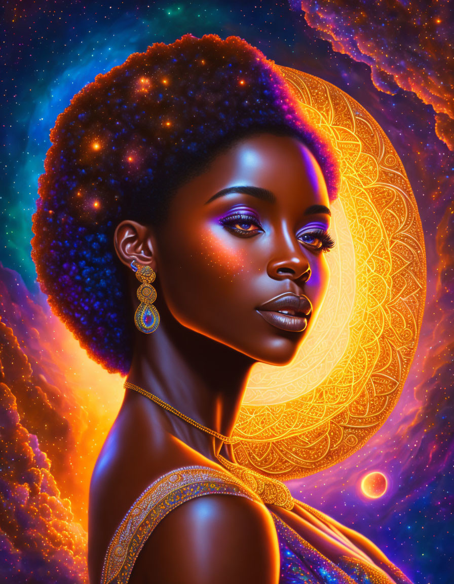 Vibrant digital art portrait of woman with afro in cosmic setting
