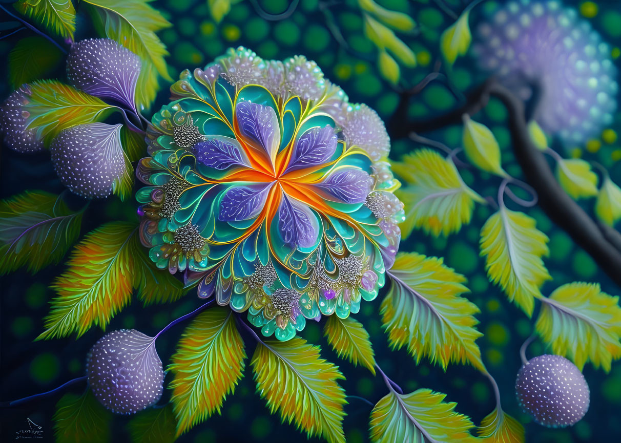 Colorful Mandala Flower Artwork with Teal Leaves on Dark Background
