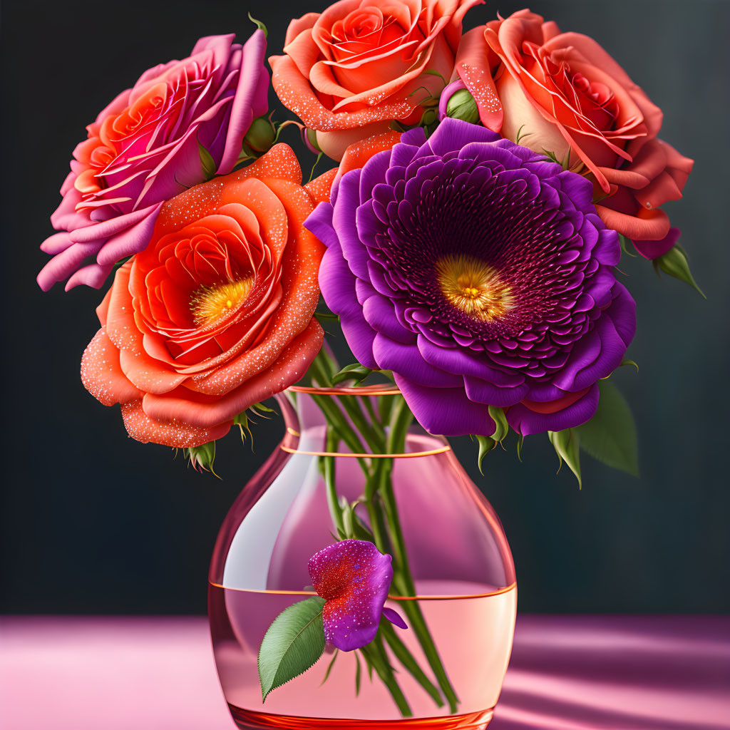 Colorful Bouquet of Roses and Purple Flower in Pink Vase on Dark Background
