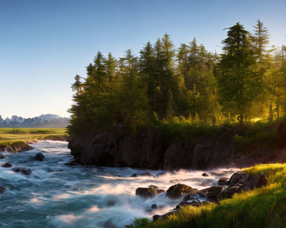 Scenic riverbank with tall evergreen trees and rushing blue waters