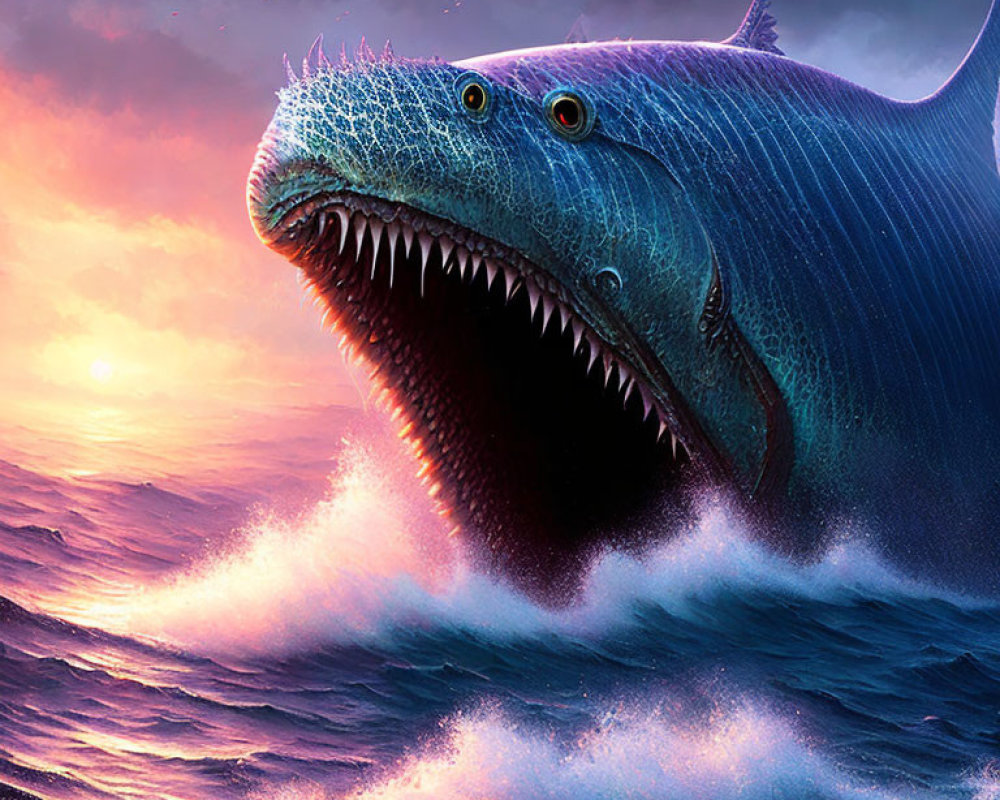 Gigantic blue sea creature with sharp teeth in ocean waves at sunset