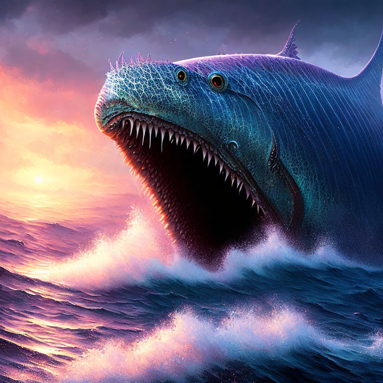 Gigantic blue sea creature with sharp teeth in ocean waves at sunset