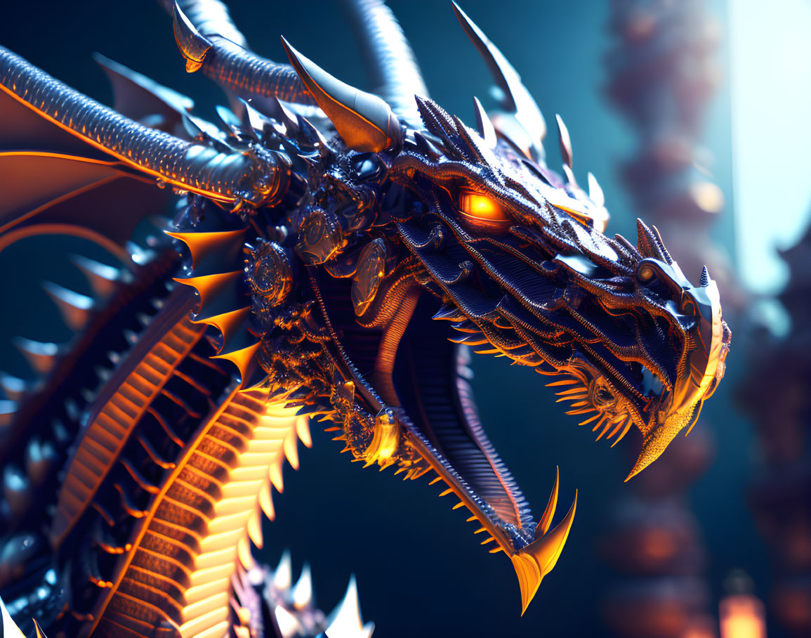 Detailed Metallic Dragon with Glowing Orange Eyes and Sharp Horns on Blurred Blue Background