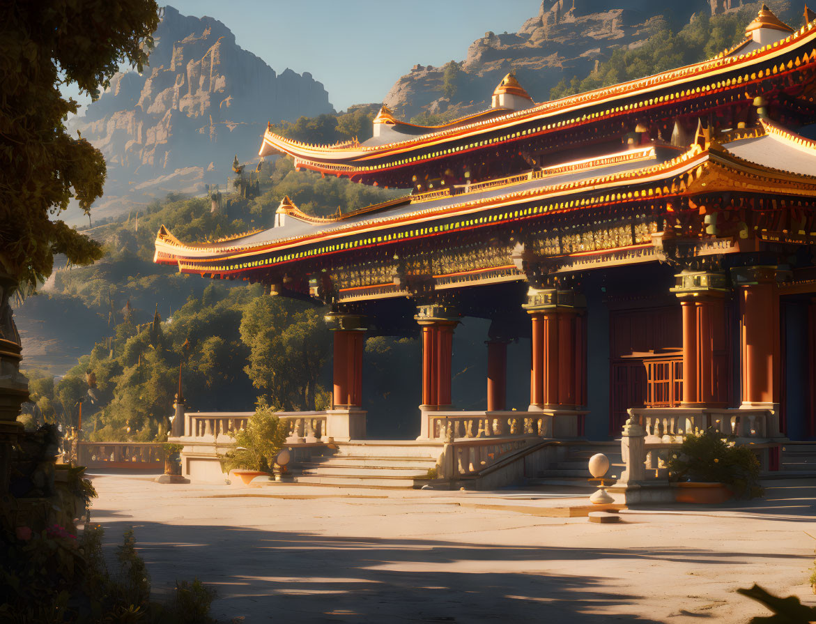 Traditional red and gold temple in mountain landscape